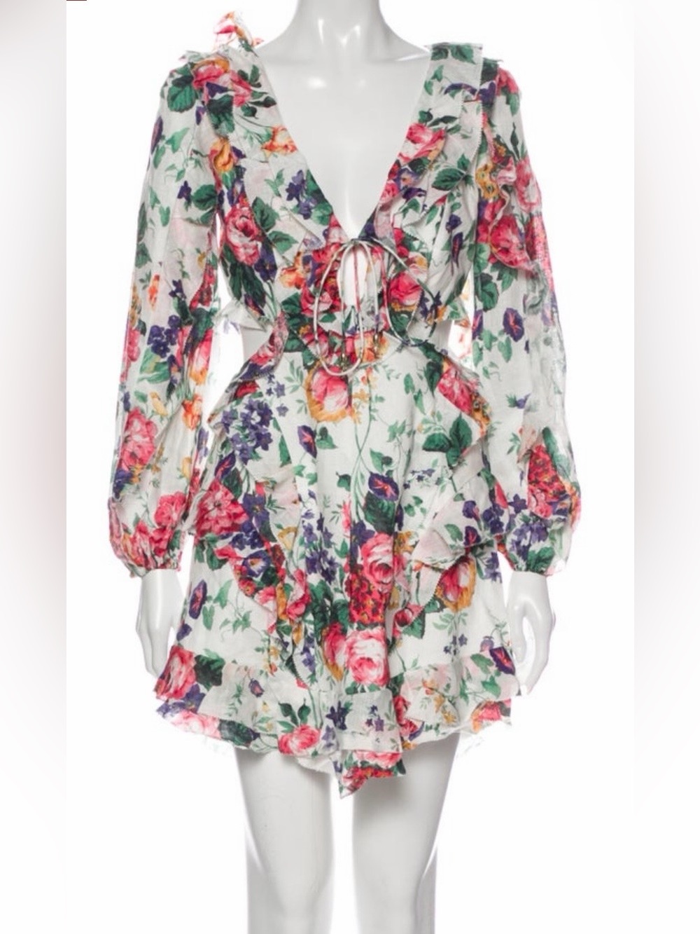 Zimmermann White Floral Ruffle Tie-Front Mini Dress
